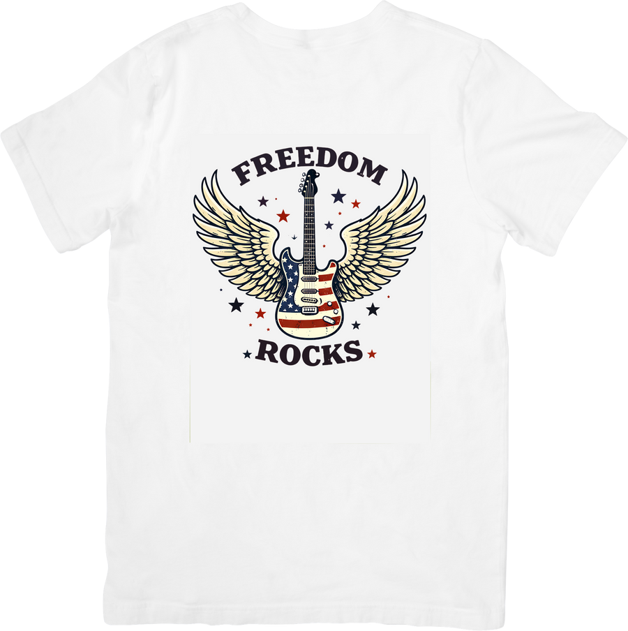 Freedom Rocks Guitar T-Shirt | Patriotic American Flag Eagle Graphic Tee | 4th Of July Music Lover Gift