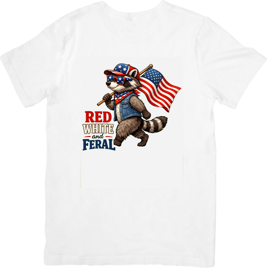 Red White And Feral Raccoon T-Shirt | Funny Patriotic American Flag Graphic Tee | 4th Of July Gift
