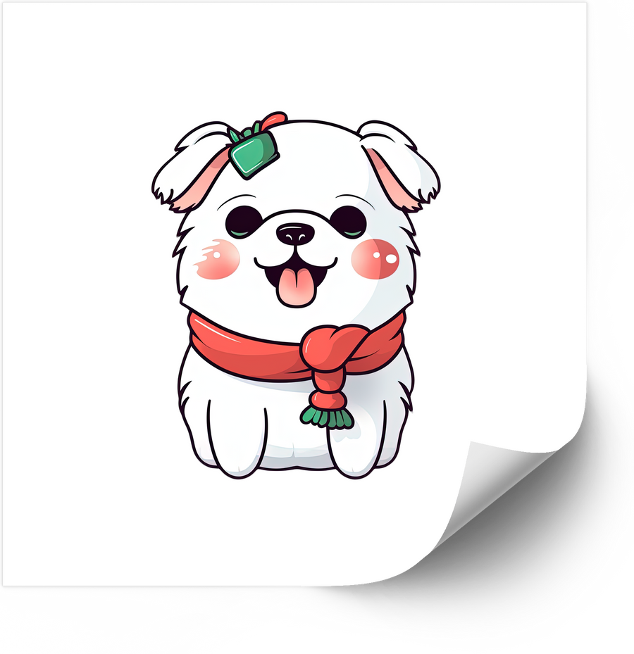 Kawaii White Puppy Christmas Sticker | Cute Holiday Dog With Scarf Vinyl Decal